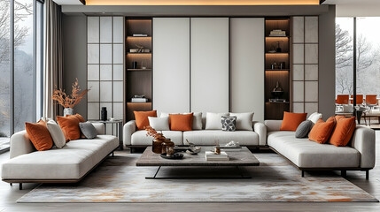 Modern living room with light beige and orange accents