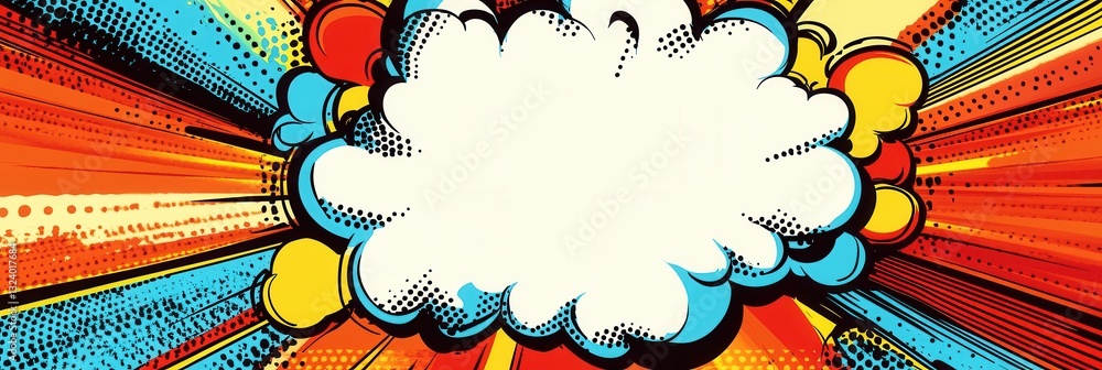 Poster vibrant comic book style background with dynamic color bursts and speech bubbles, perfect for action