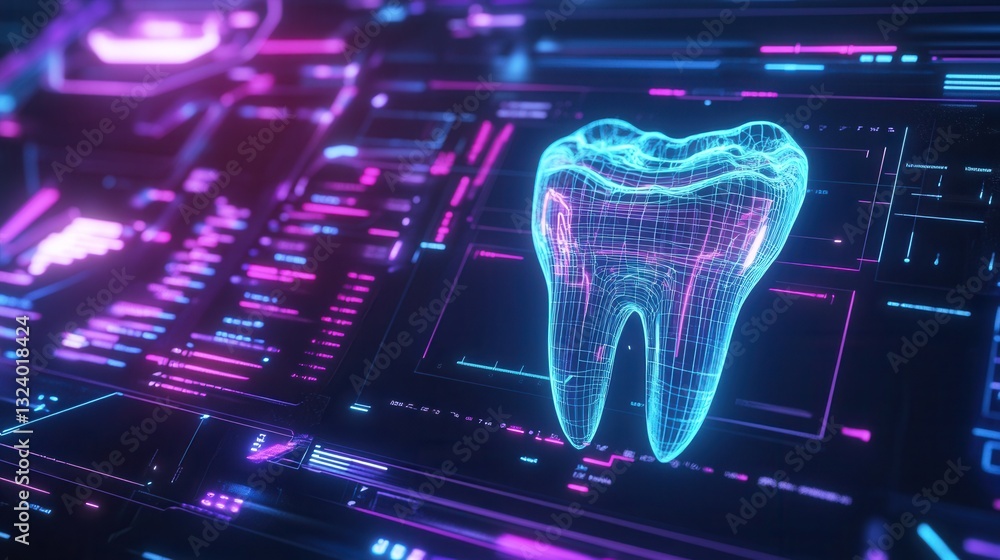 Poster futuristic dental implant design in neon glowing wireframe against advanced digital interface showca