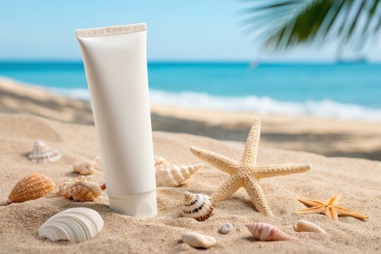 Sunscreen tube on sandy beach with seashells and starfish under tropical sun.
