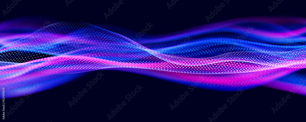 Poster abstract wave of particles. big data digital flow concept. llm learning process, ai technology. quan