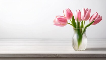 花瓶に生けた５本のピンクのチューリップ