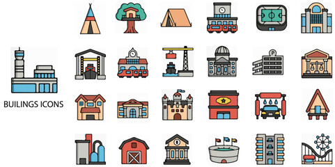 Building simple concept 24 colour icons set. Contains such house, office, bank, school, hotel, shop, university and hospital .Vector illustration.