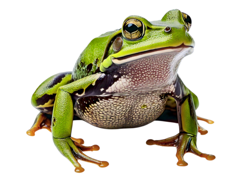 Vibrant green tree frog perched on white background.  Detailed close-up showcasing its striking texture and captivating gaze.