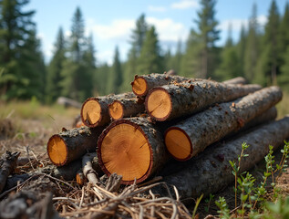 Close-up of felled trees with stacked cut wood, unhealthy pine trees being cut down under clear blue sky and daylight, including copy space
