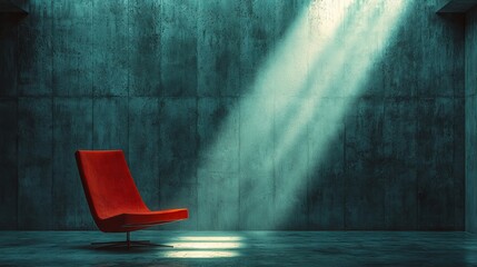 Solitary red chair in dimly lit room artistic photography industrial environment dramatic light play