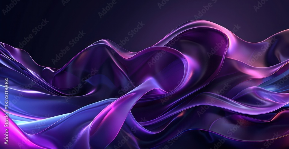 Poster abstract purple and black background with fluid shapes curve swirls glossy.