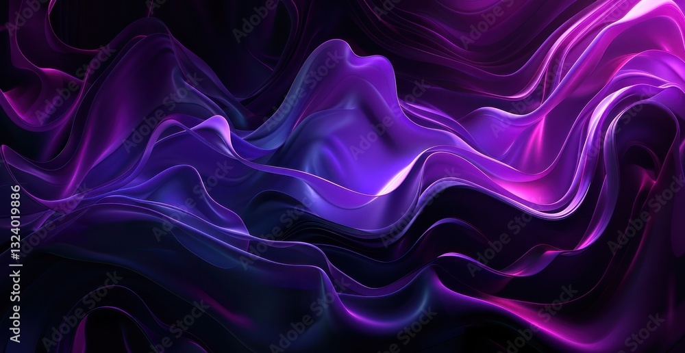 Poster abstract purple and black background with fluid shapes curve swirls glossy.