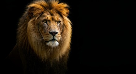 Fototapeta premium Majestic lion against a black background.