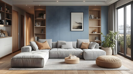 Modern living room with sectional couch, wooden accents, and blue wall