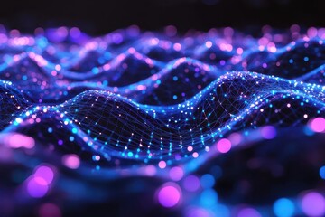 futuristic visualization of interconnected nodes and luminous data streams flowing through a three-dimensional network grid, rendered in electric blue and neon purple against a deep black digital void