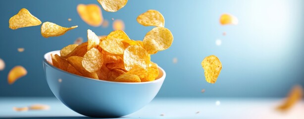 Crispy potato chips in blue bowl against vibrant background.
