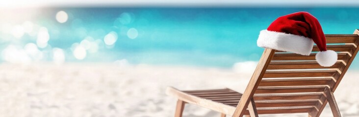 Santa hat on wooden lounge chair at tropical beach during christmas vacation.
