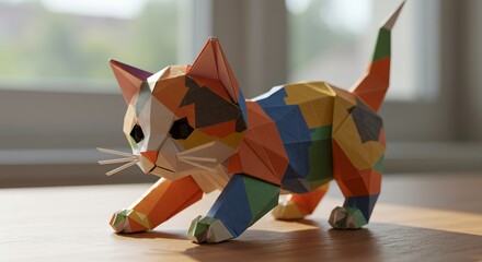 A colorful geometric paper cat model is posed on a wooden surface