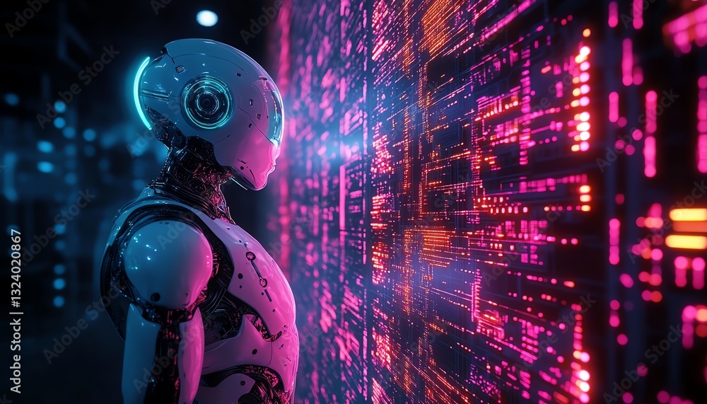 Poster futuristic humanoid robot standing near an illuminated circuit board interface in a hightech environ