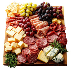 Cheese platter with salami, ham, cheese, grapes and rosemary isolated on transparent background.
