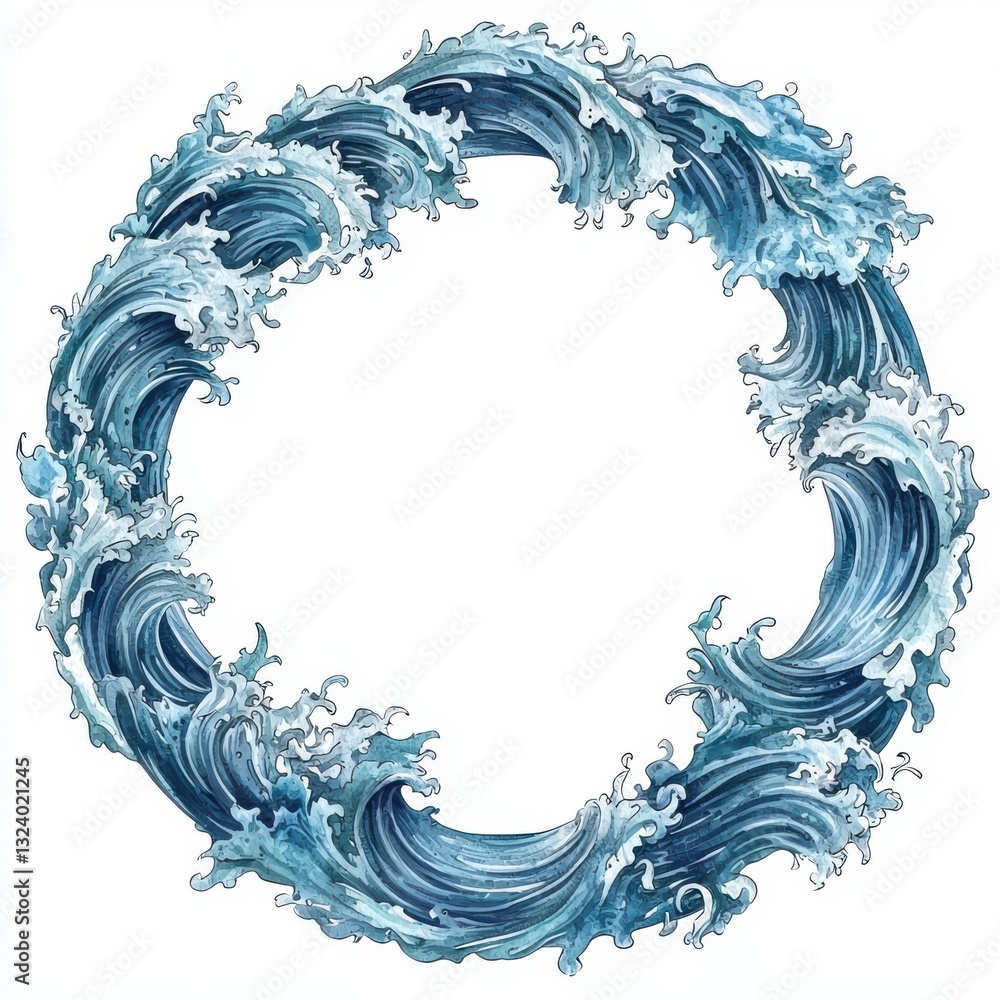 Poster circular design of turbulent ocean waves in watercolor style with dynamic movement and flowing energ