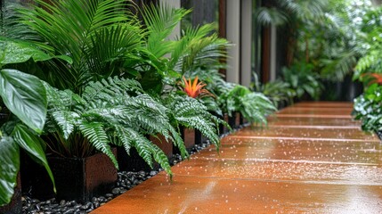 Rain-soaked pathway, lush tropical plants, outdoor setting