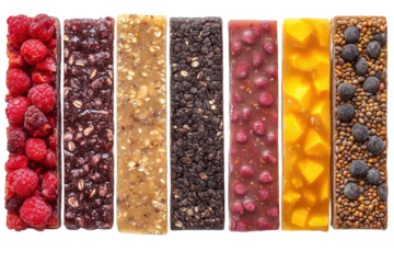 A colorful array of energy bars displayed on a white isolate background, featuring various textures and ingredients like fruits and nuts.