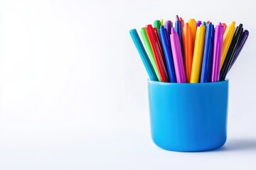 A vibrant collection of colorful markers in a bright blue container on a clean workspace isolated on transparent background