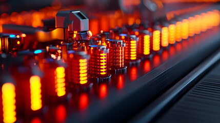 A close-up view of illuminated circuit components, showcasing vibrant orange lights against a dark background, emphasizing technology and precision.