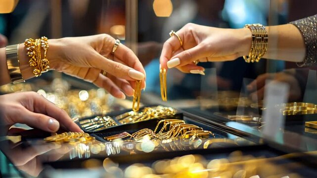 Customers buying gold jewellery at a gold shop, closeup 