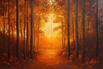 Obraz premium golden autumn forest panorama with three distinct scenes morning sunlight filtering through amber leaves, midday's rich orange canopy, and evening's fiery red sunset glow