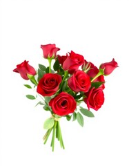 Nahaufnahme eines &uuml;ppigen Strau&szlig;es roter Rosen mit gr&uuml;nen Bl&auml;ttern, der Liebe, Leidenschaft und Romantik symbolisiert.