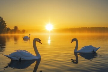 Fototapeta premium Swans gliding gracefully across a misty lake during sunrise