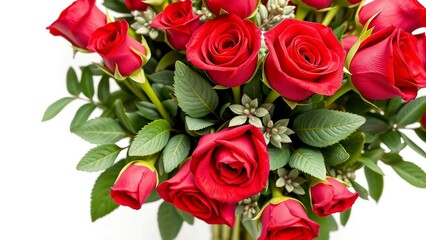 Obraz premium Nahaufnahme eines üppigen Straußes roter Rosen mit grünen Blättern, der Liebe, Leidenschaft und Romantik symbolisiert.