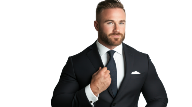 A confident businessman adjusting his tie, dressed in a formal suit, showcasing professionalism and readiness for success.