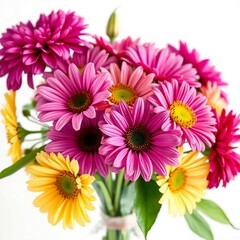 Fototapeta premium Strauß bunter Gerbera und Dahlien in leuchtenden Farben, der Fröhlichkeit und Sommerfreude ausstrahlt. Perfekt für fröhliche Anlässe und Dekorationen.