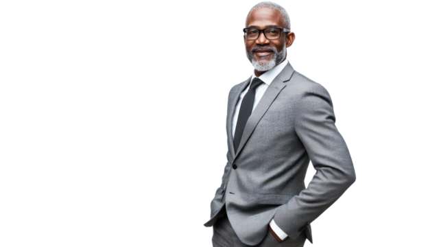 A confident businessman in a gray suit poses against a white isolated background, exuding professionalism and success. - Powered by Adobe