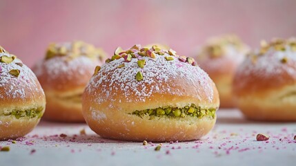 Side view of pistachio-filled bomboloni with a creamy green pistachio filling