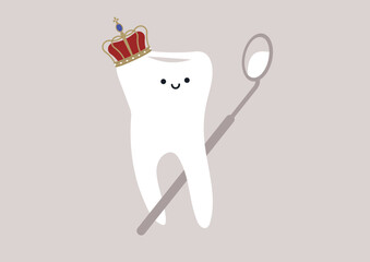 A cheerful tooth adorned with a tiny crown gazes into a dental mirror, celebrating its regal appearance in a playful and colorful atmosphere that radiates joy