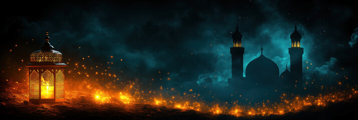 A serene Ramadan night scene with golden lanterns and a mosque silhouette, perfect for a festive Ramadan banner.