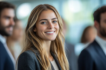 Smiling woman in professional setting with colleagues