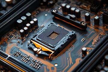 Top view of the chip on a graphics card, symmetrical composition, close-up shot