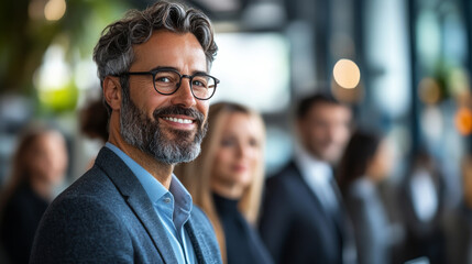 Fototapeta premium Confident man smiling in professional setting with colleagues