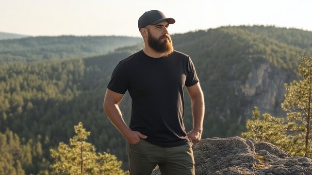 Bold bearded traveler in a blank black t-shirt mockup, standing confidently on a rocky mountain peak, gazing into the distance