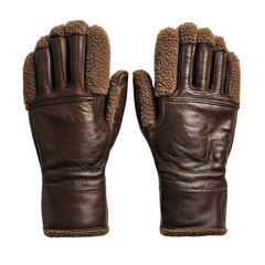 A Pair of Leather Gloves Lined with Wool in Dark Brown Isolated on Transparent Background