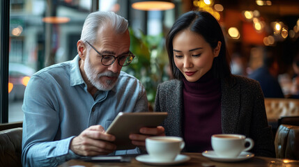Senior Businessman and Young Businesswoman Reviewing Documents on Tablet at Coffee Shop