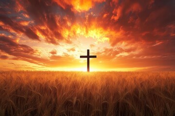 golden wheat field stretching toward horizon with lone wooden cross silhouette standing sentinel against a spectacular orange-crimson sunset sky with dramatic cloud formations