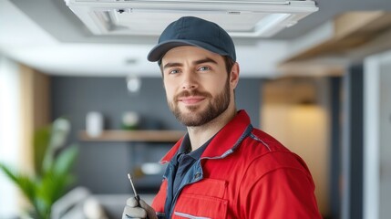 Male caucasian young repairman holding tool in modern apartment.