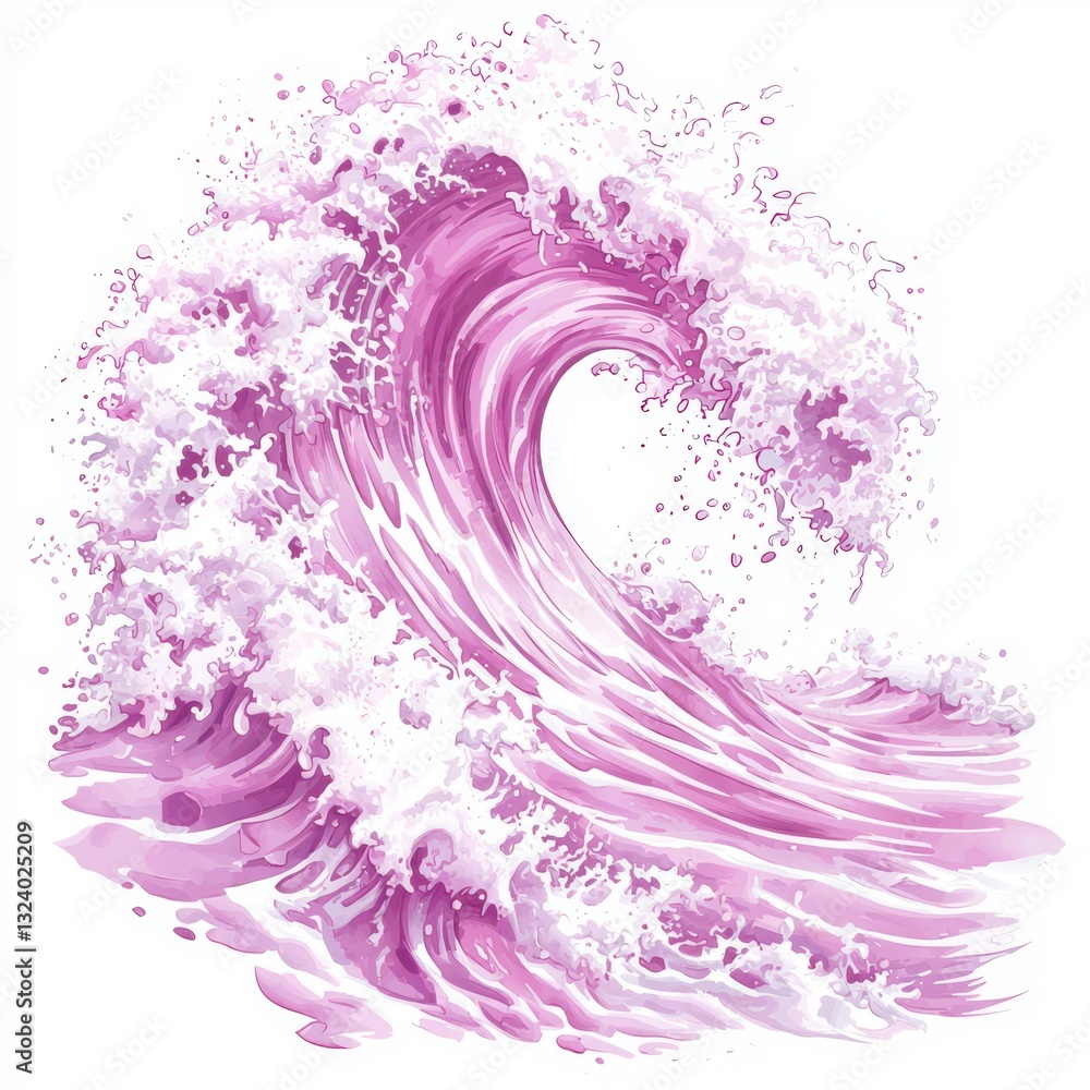 Poster beautiful pink wave with splashes and foam against a light background in a surreal artistic style