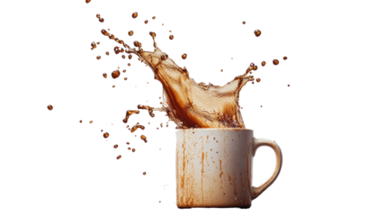 A dynamic splash of coffee from a white mug against a dark background, capturing the moment of excitement and energy.