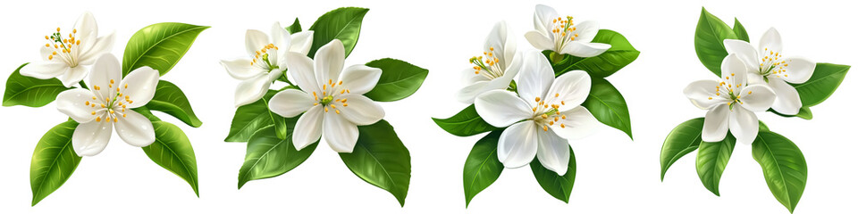 set of White lemon flowers with green leaves, white lemon flowers and green leaves, white lemon flowers surrounded by green leaves, white flowers, green leaves, on a transparent backgrounds