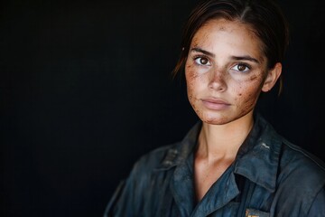 Obraz premium Young caucasian female with muddy face in work shirt against dark background.