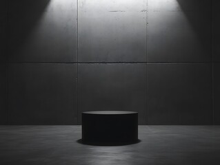 A simple black cylindrical platform under dramatic overhead spotlights