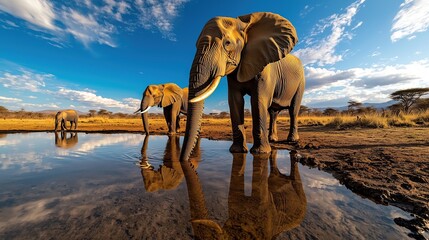 African elephants drinking water reflection in national park